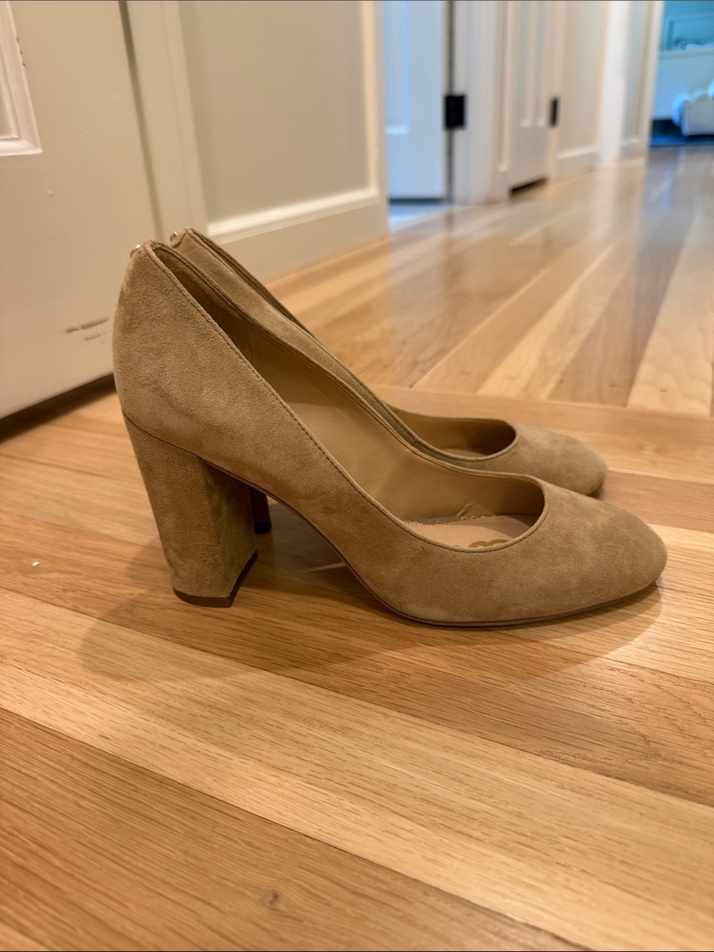 Sam Edelman Suede Block Heel Pumps in Taupe